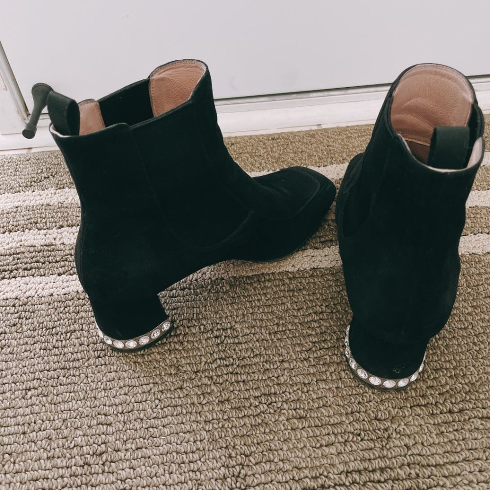 SUDED LEATHER MIUMIU BOOTS, WITH CRYSTAL